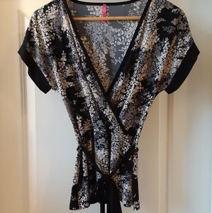 Floral wrap blouse with waist tie